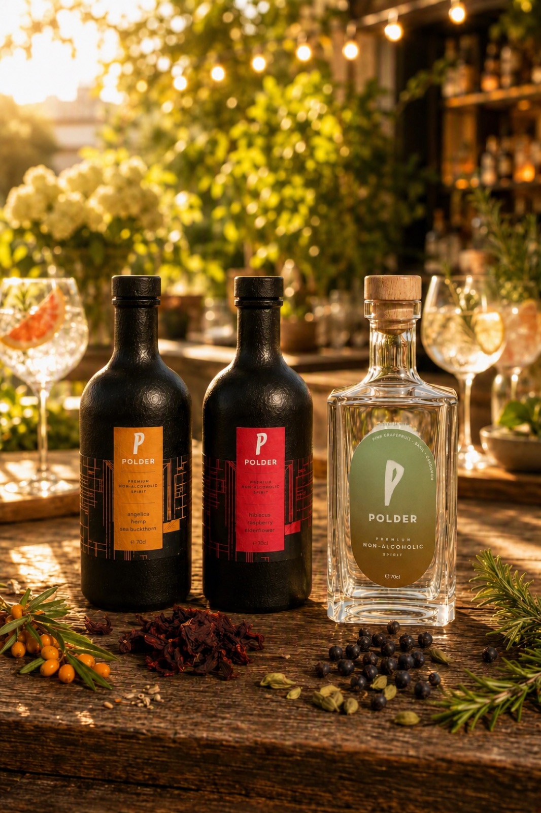 Polder Gin sfeerbeeld met de drie flessen